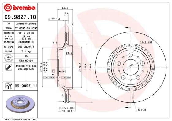 2X 09.9827.11 Brembo Brake Disc for Volvo, Volvo Asia