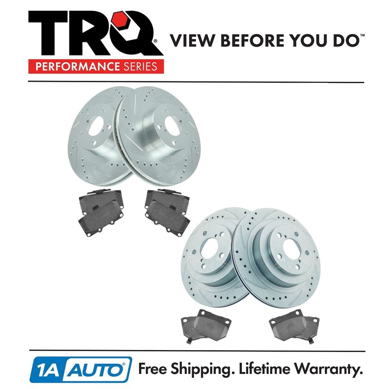 TRQ Performance Drilled Slotted Zinc Brake Rotor & Posi Ceramic Pad Front Rear