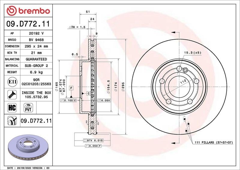 2X Brembo 09.D772.11 Front Vented Brake Discs Fits Mercedes A-Class B-Class Cla gallery