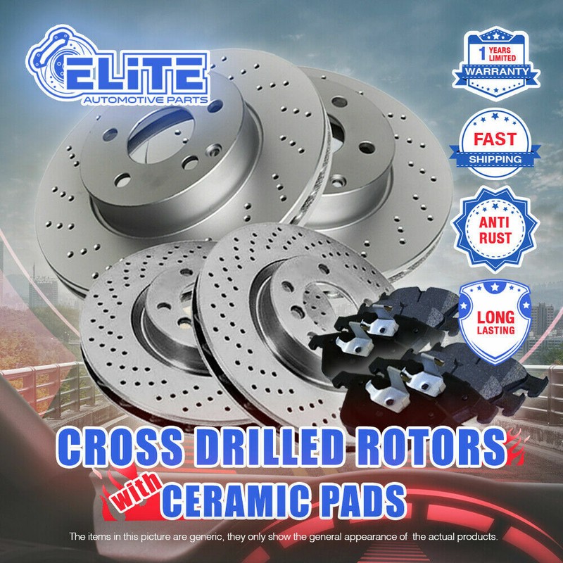 Front + Rear Cross Drill Rotors & Pads for 2000(from Apr)-2003 BMW 530i 540i E39