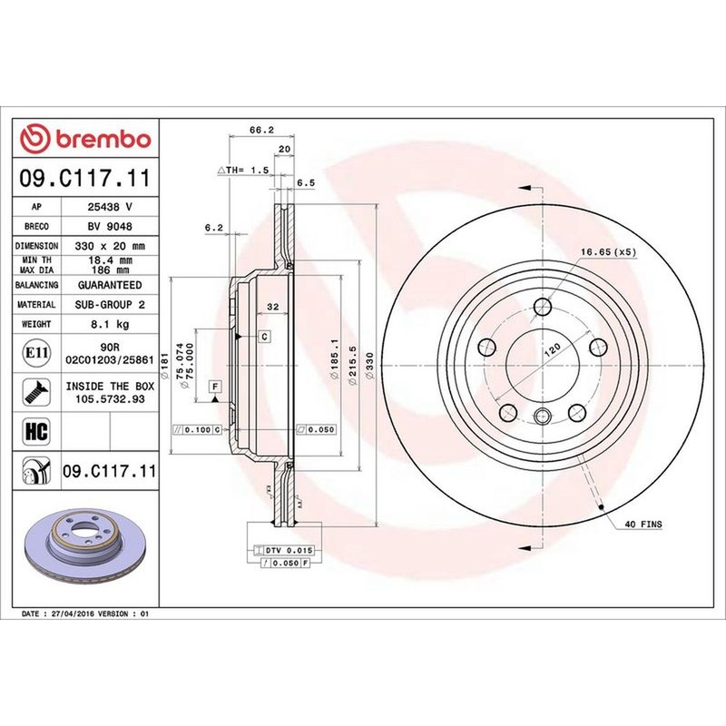 Brembo Prime Line UV Coated Vented Brake Disc Pair - 09.C117.11 Fits BMW