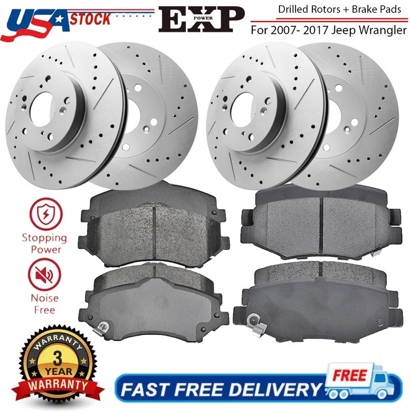 Front & Rear Drilled Rotor Ceramic Brake Pads Kit for 2007-2017 Jeep Wrangler JK