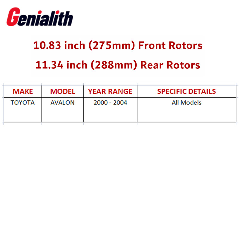 For 2000 - 2004 Toyota Avalon 275mm Front 288mm Rear Disc Brake Rotors Pads Kits gallery
