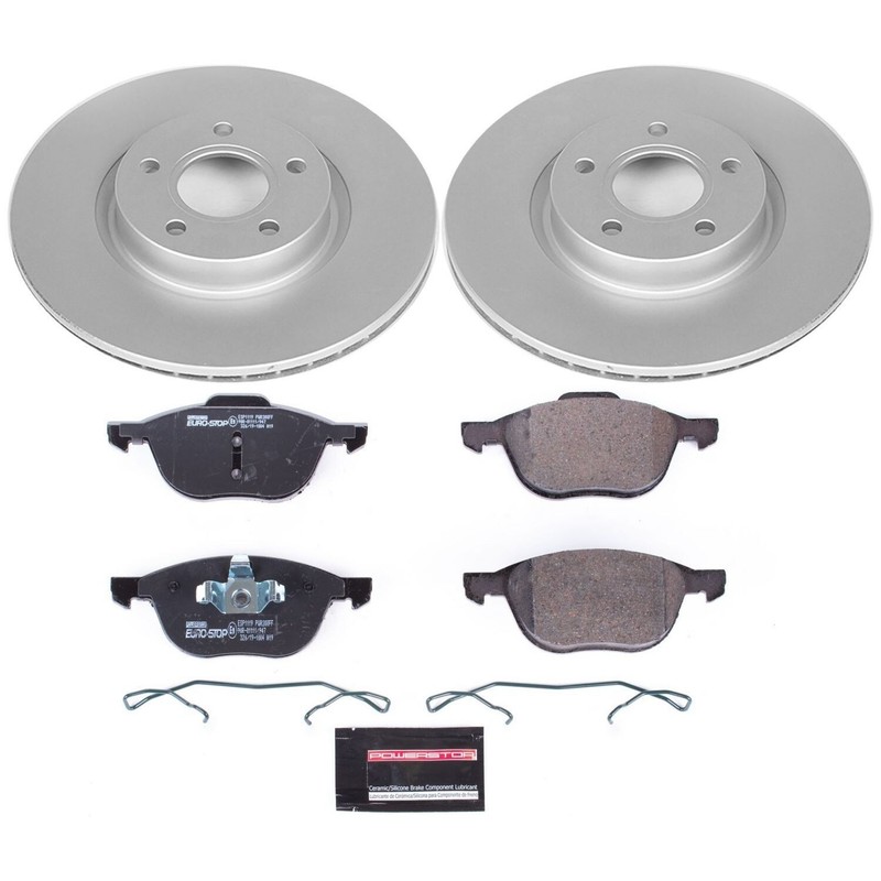 – Front Euro-Stop High-Carbon Coated Rotors, ECE-R90 Brake Pads + Hardware Kit f