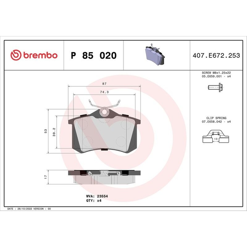 Brembo Rear Brake Pad Set (2 Wheels on 1 Axle) P 85 020 / P85020
