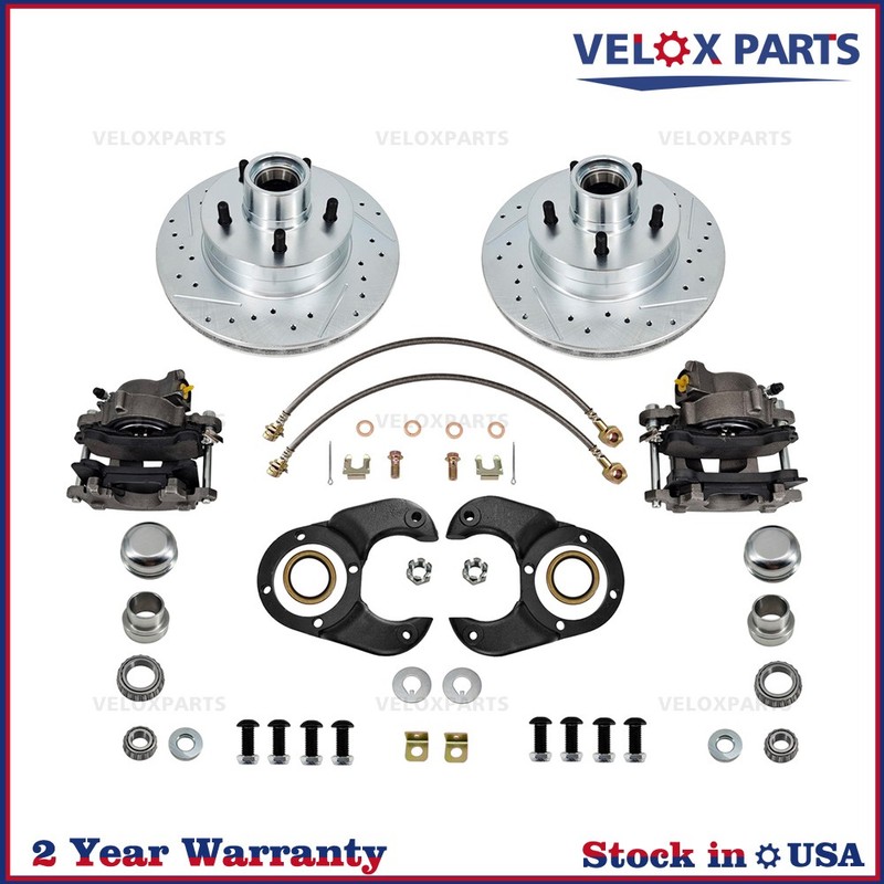 For Ford 1937-48 Spindle Disc Brake Kit 5 on 4-1/2, Drilled and Slotted Rotors