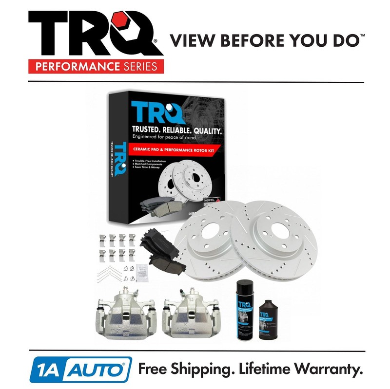 TRQ Front Ceramic Pad Coated Rotor & Calipers Kit w/Chemicals