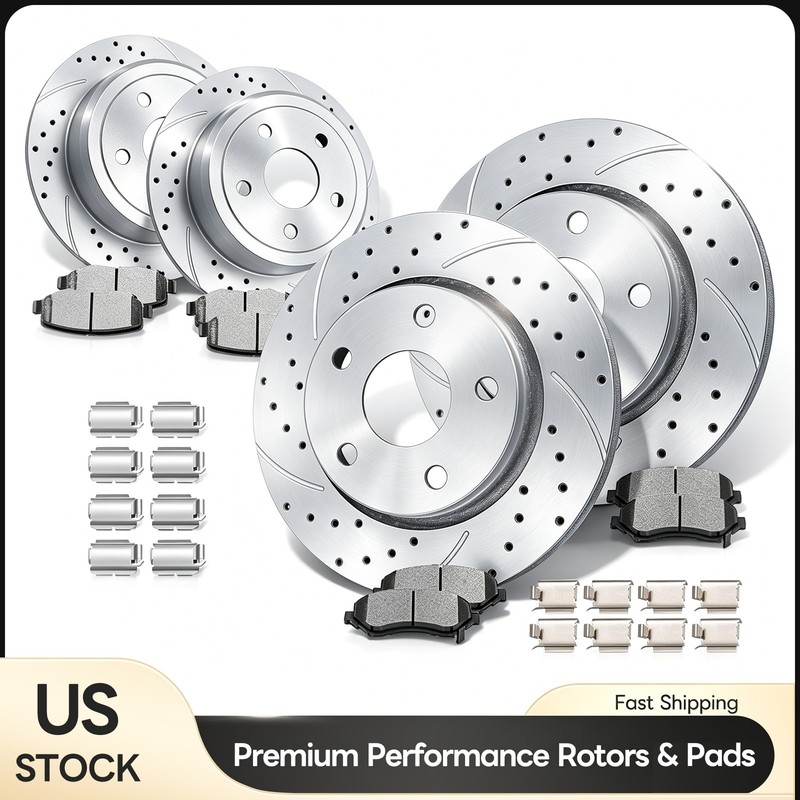 Front Rear Drilled Disc Brake Rotors Brakes Pads Fit 2007-2017 Jeep Wrangler JK
