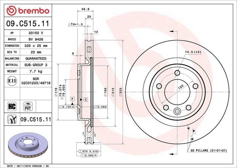 2X Brembo 09.C515.11 Rear Vented Brake Discs Fits Land Rover Discovery Range Rov gallery