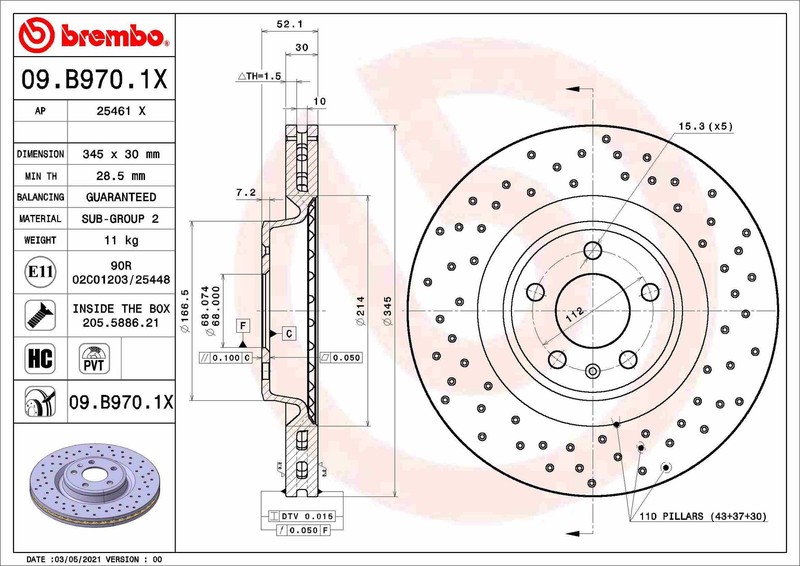 Brembo 09.B970.1X Brake Disc for Audi, Audi (FAW), Porsche, VW (SVW)