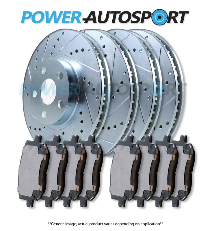 (FRONT + REAR) POWER DRILLED SLOTTED PLATED BRAKE DISC ROTORS + PADS 82556PK