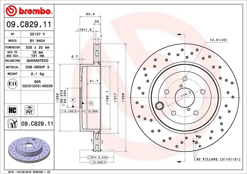 Set of 2 Brembo 09.C829.11 326mm Rear Disc Brake Rotor for 18-20 Subaru WRX STI