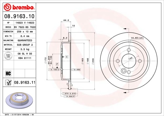 Brembo 08.9163.11 Brake Disc for Mini