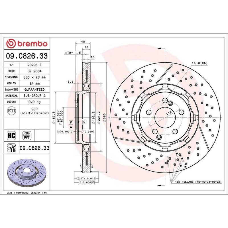 Brembo Prime Line Dual Cast Two-Piece Brake Disc – Drilled & Slotted 09.C826.33