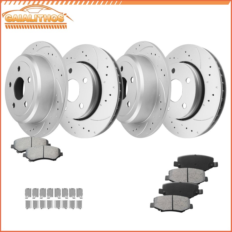 Front Rear Drilled Brake Rotors + Brake Pads for 2007-2016 2017 Jeep Wrangler