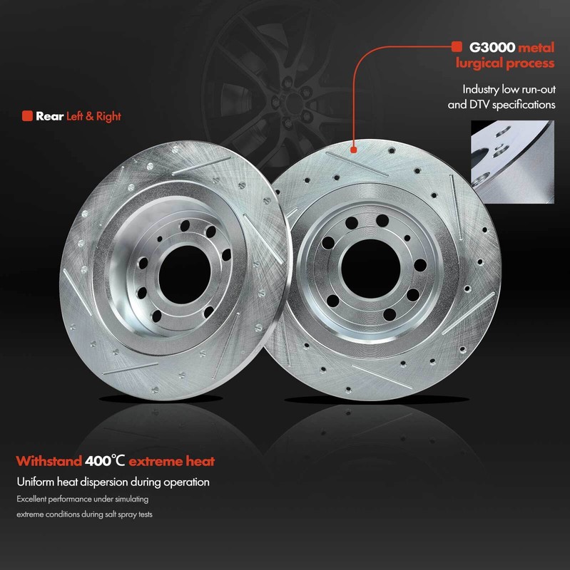 Drilled Brake Rotors & Ceramic Brake Pads for Saab 9-3 04-11 9-3X L4 2.0L Rear gallery