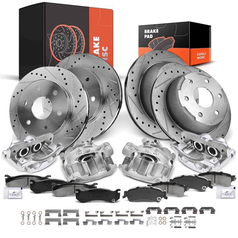 16pcs Drilled Rotors & Brake Pads + Brake Caliper for Chevrolet GMC Front Rear