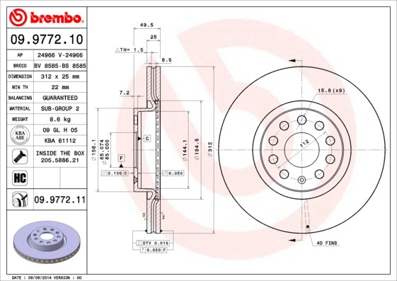 Brembo 09.9772.11 Brake Disc for Audi,Audi (FAW),Cupra,Seat,Skoda,Skoda (SVW),VW