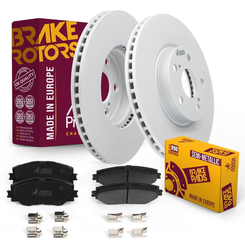 Front Semi-Metallic Disc Brake Pad Set & Vented Brake Rotors Fits Toyota Corolla