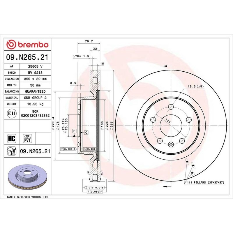 Brembo Prime UV Coated Vented Brake Disc – 09.N265.21 For Tesla – OE Quality
