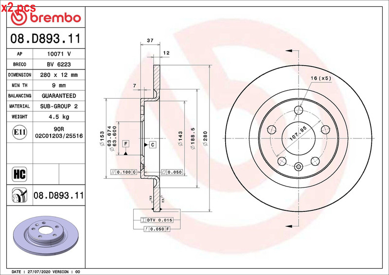 X2 PCS L&R SIDES BRAKE DISC 08.D893.11