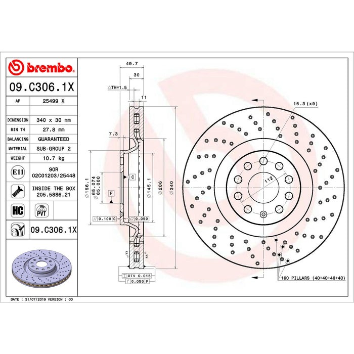 Brembo 09.C306.1X Front Xtra Cross Drilled UV Coated Rotor for 2019-2020 Audi Q3 gallery