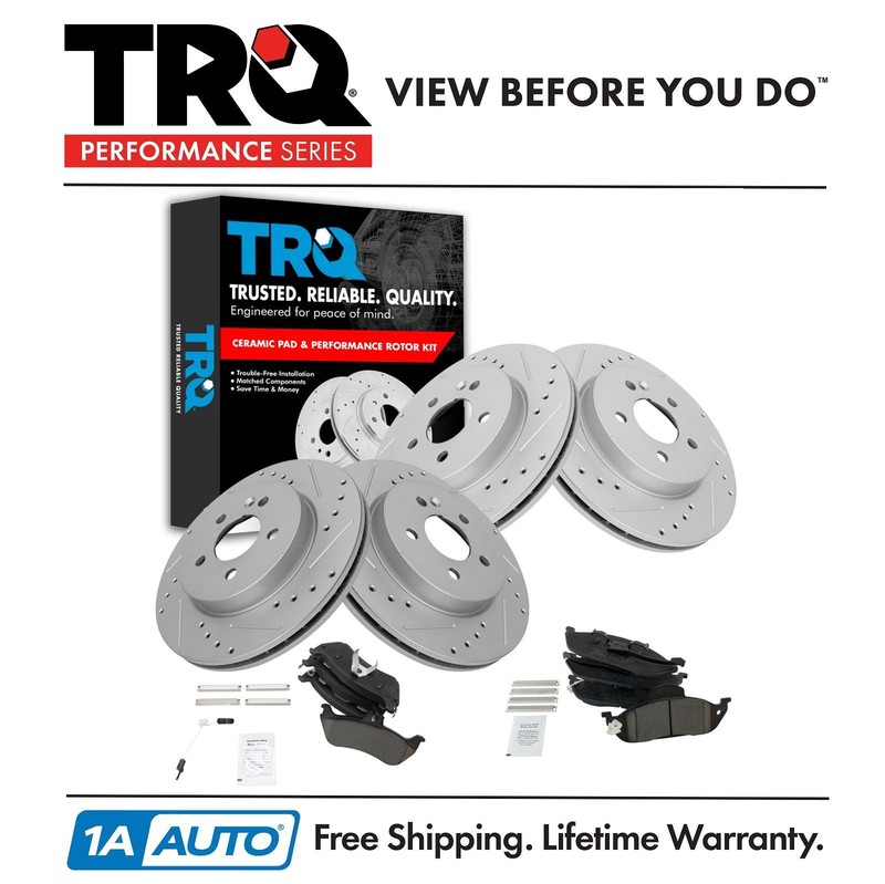 Front & Rear Ceramic Brake Pad & Performance Drilled Slotted Rotor Kit