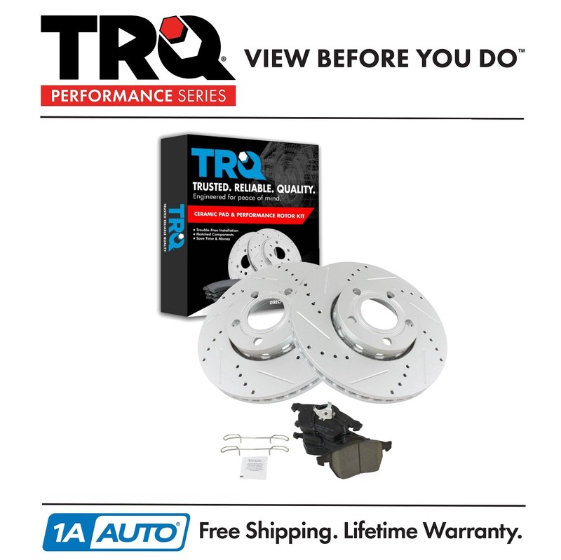 TRQ Front Ceramic Brake Pad & Performance Drilled Slotted Coated Rotor Kit