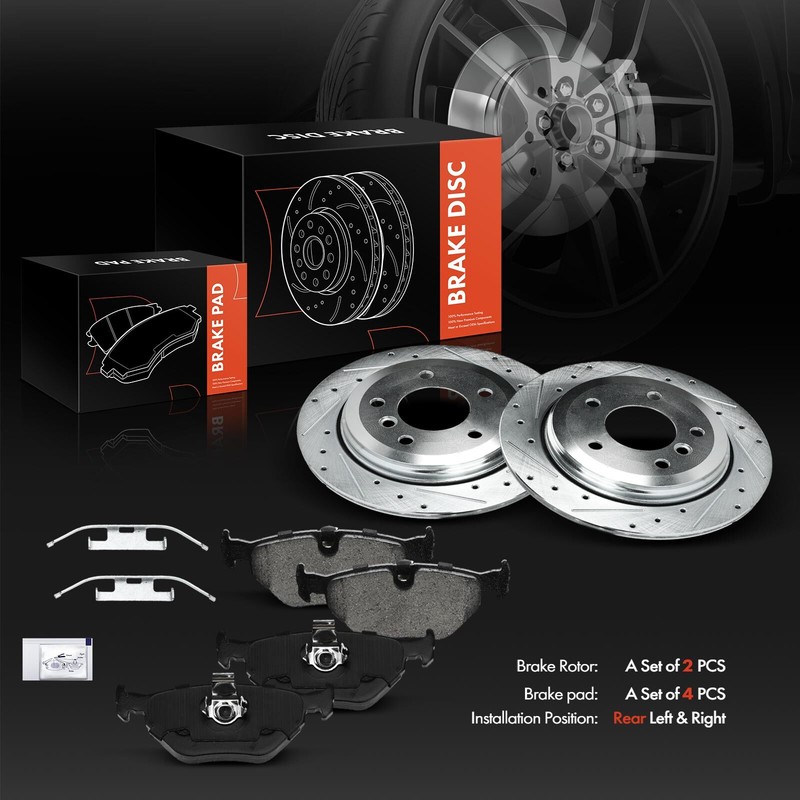 Rear LH & RH Drilled Brake Rotor & Brake Pad for BMW 325xi E46 2001-2005 L6 2.5L gallery