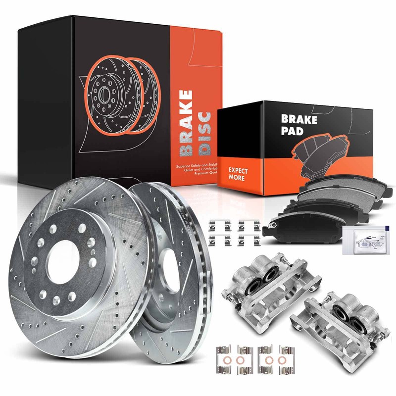 8x Front Drilled Brake Rotors & Brake Pads + Brake Caliper for Chevy GMC Sierra