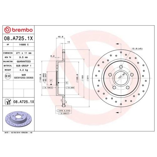 Brembo 08.A725.1X Disc Brake Rotor Rear Gray Cast Iron For 2012-2018 Ford Focus
