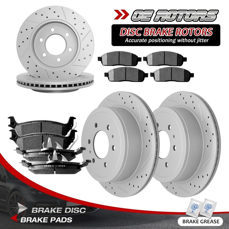 4WD Front Rear Drilled Rotors + Brake Pads for Ford F-150 Lincoln Mark LT 6-Lugs