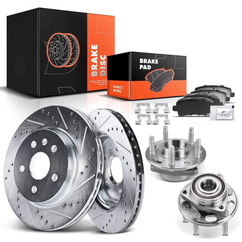 Drilled Brake Rotor & Pads + Hub Bearing for Buick LaCrosse Chevrolet Saab Rear