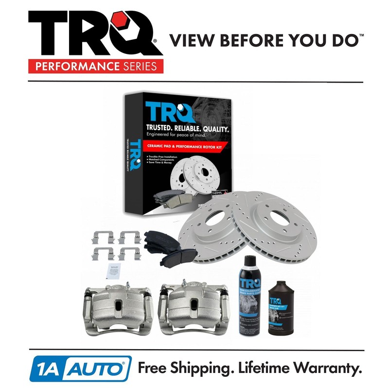 TRQ Front Ceramic Pad Performance Rotor & Calipers Kit w/Chemicals