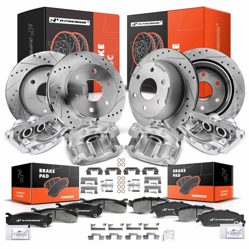16pcs New Drilled Rotors & Brake Pads + Brake Caliper Front & Rear for Chevy GMC