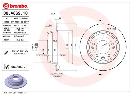 Brembo 08.A869.11 Brake Disc for Hyundai, Hyundai (Beijing), Kia, Kia (DYK) gallery