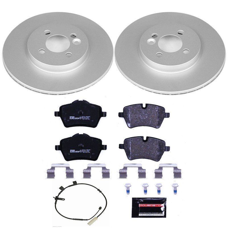 – Front Euro-Stop High-Carbon Coated Rotors, ECE-R90 Brake Pads + Hardware Kit f