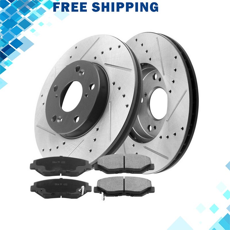 For Honda Accord Element Civic Front Drilled Slotted Brake Rotors Ceramic Pads