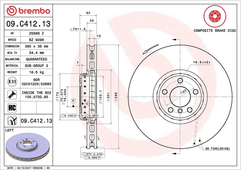 Brake Disc Single Vented fits BMW X6 4.4 Front Left 07 to 19 385mm Brembo New gallery