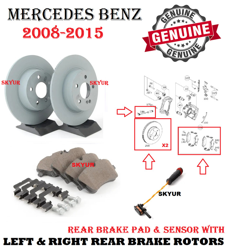 Mercedes Rear 2 Disc Brake Rotors & Brake Pad with Sensor C230 C250 C300 Genuine