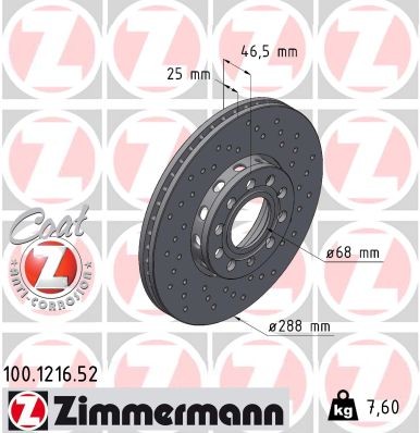 Zimmermann 100.1216.52 Brake Disc for Audi, Audi (FAW), Seat, Skoda, VW, VW (SVW)