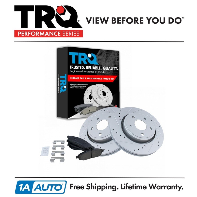 TRQ Front Ceramic Brake Pad Drilled Slotted Zinc Coated Rotor Kit for Jeep