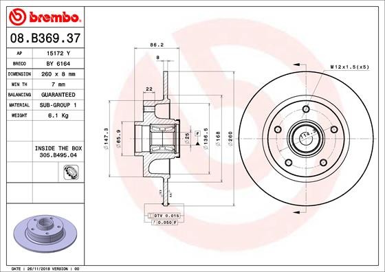 Brembo 08.B369.37 Brake Disc for Renault