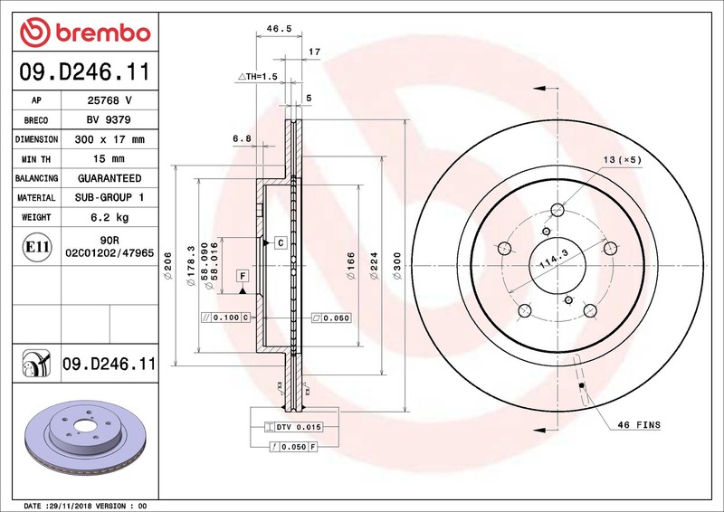 Brembo Rear Disc Brake Rotor for Subaru WRX, Legacy, Outback (09.D246.11) gallery