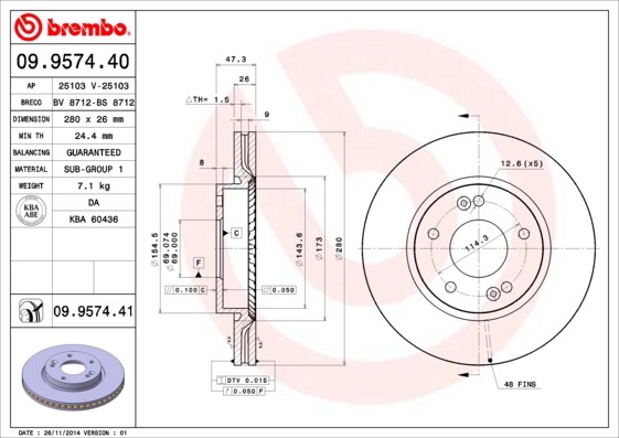Brembo 09.9574.41 Brake Disc for Hyundai, Hyundai (Beijing), Kia, Kia (DYK)
