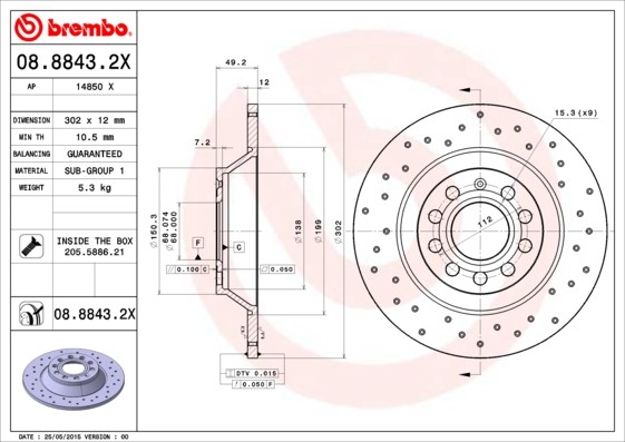 Brembo 08.8843.2X Brake Disc for Audi, Audi (FAW)