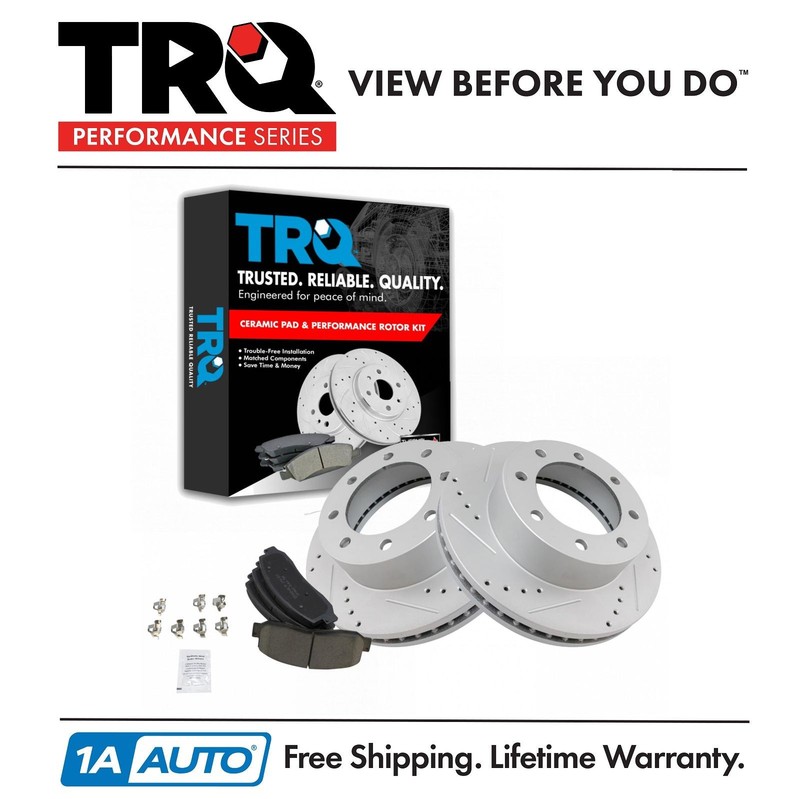 TRQ Front Performance Brake Rotor Drilled Slotted Coated & Ceramic Pad Kit