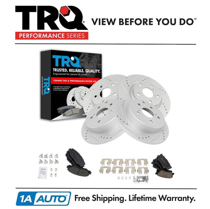TRQ Front Rear Ceramic Brake Pad & Performance Drilled Slotted Coated Rotor