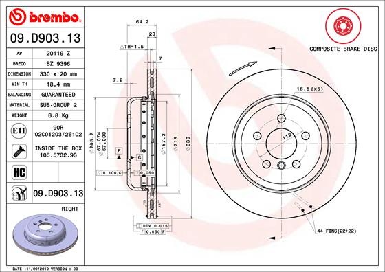 Brembo 09.D903.13 Brake Disc for BMW, BMW (BRILLIANCE), Toyota
