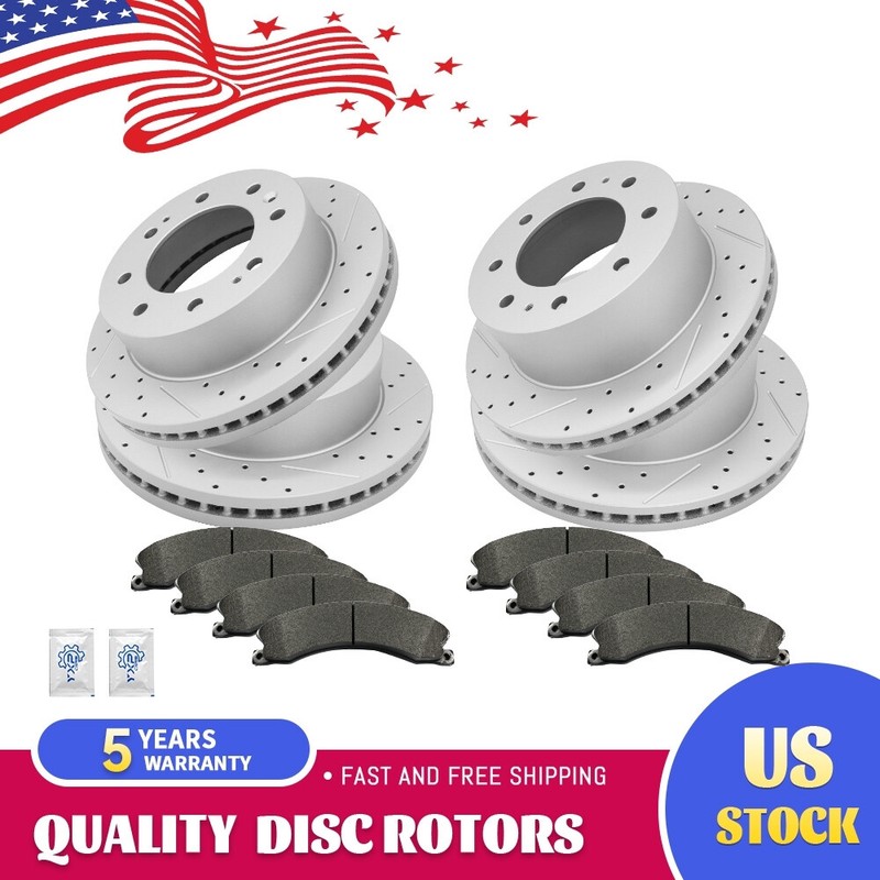 Front & Rear Drilled Disc Rotors + Brake Pads for Silverado Sierra 2500 3500 HD
